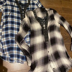 Streetwear Society Plaid Lace-Up Tops - Blue and Black